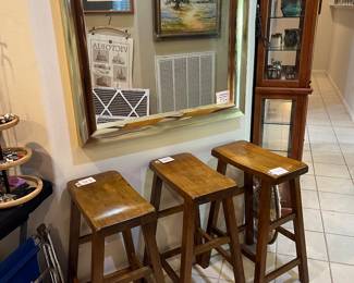 SET OF 3 SADDLE-SEAT STOOLS & A WONDERFUL, MODERN BRASS-FRAMED MIRROR!