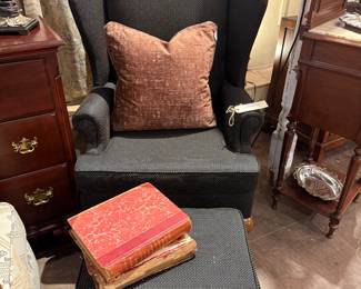 Upholstered, wingback chair and ottoman