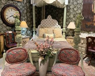 Stunning French Painted and Carved 4 Poster Full Bed. $3,895 This stunning bed dates back to 1960 and was custom built. C2667
Two Vintage Accent Chairs. $389.95 priced individually. C2667