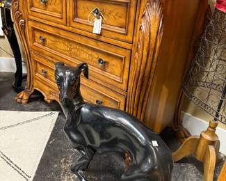 Two vintage hand-cast bronze sculptures of an Italian Greyhound dog. This particular sculpture is suitable for tabletop display in homes or offices. $795 each, priced individually. Measures approximately 22"T x 23"W C2667