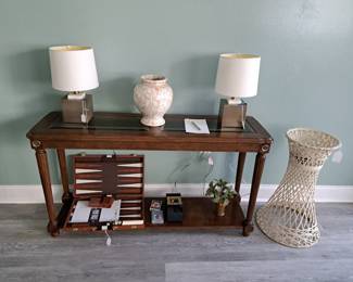 LAMPS, GAMES, INTERESTING VASE, PLANT STAND, DERBY LANE POKER CHIPS SOUVENIRS