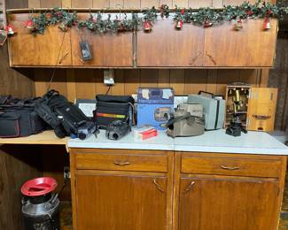 Vintage cameras and microscope, Caroling Christmas bells