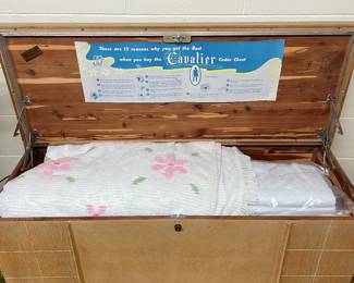 Cavalier Cedar chest,  Chanel bedspread