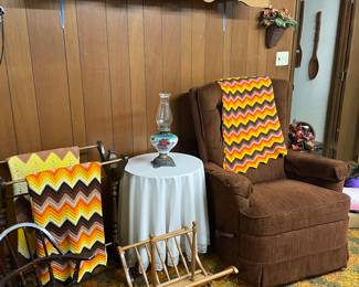 Homemade afghans, vintage kids, rocking chair, magazine, rack, and nice chair