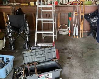 Lots of tools, wheelchair, ladder, and more