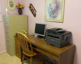 Desk, filing cabinet, computer, and printer
