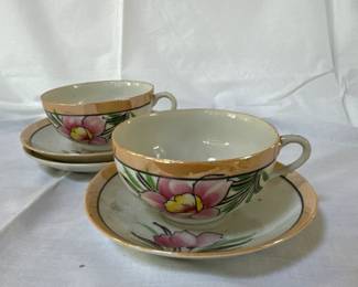 Seiei & Co. Made in Japan hand painted floral lusterware teacups and sauces 