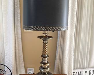 Brass / pewter table lamp with black shade 