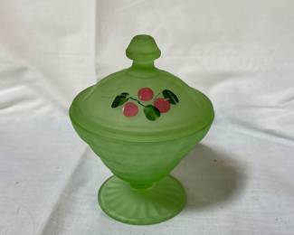 green frosted uranium glass covered candy dish 