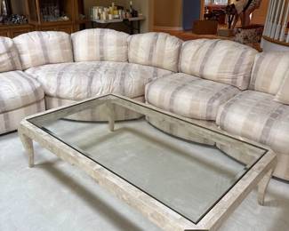 80s sectional striped upholstered couch and coffee table 