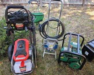 Bauer pressure washer, Avanti paint sprayer, Coleman generator.