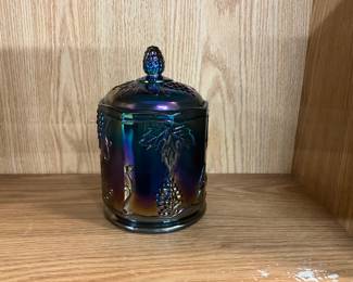 Iridescent Blue Indiana Carnival Glass Candy Jar - Colony Harvest Grape Design