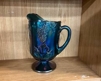 Iridescent Blue Indiana Carnival Glass Pitcher - Colony Harvest Grape Design