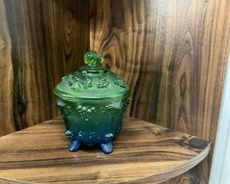 Jeanette Glass Green Blue Frosted Grape Leaf Cand Jar w/Lid