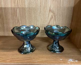 Iridescent Blue Indiana Carnival Glass Sherbert Glasses- Colony Harvest Grape Design