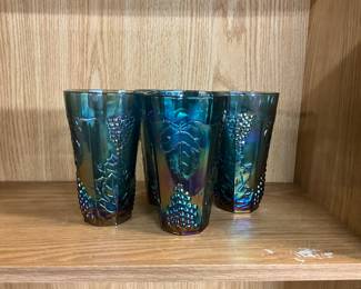 Iridescent Blue Indiana Carnival Glass Tumblers - Colony Harvest Grape Design