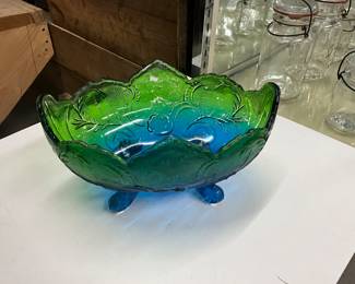 Blue to Green Flashed Jeannette Glass Lombardi Footed Fruit Bowl