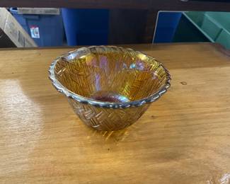 Iridescent Marigold Indiana Glass Basket Weave Bowl