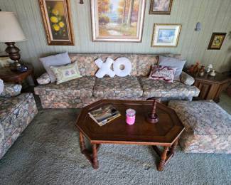 Vintage floral print sofa, ottoman, vintage coffee table