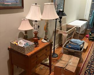 lamps, sewing table, artwork, furniture