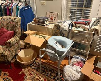 toilet seat, furniture, linens, books, men's and women's clothing, vintage electronics