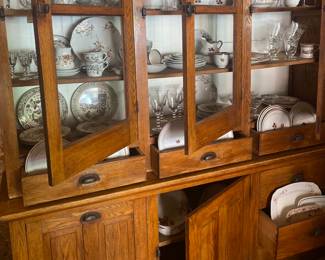 Beautiful oak cabinet & large collection of dishes