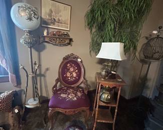 Needlepoint chair and footstool
