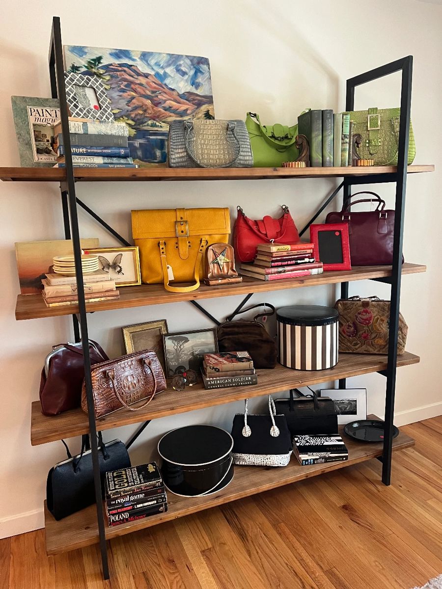 Handbags, art, vintage hat boxes, books etc
