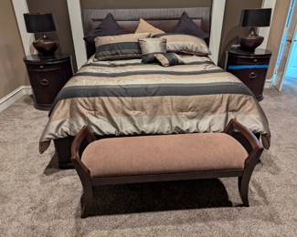 Bernhardt King Bed, Night Stands, Lamps, Bench