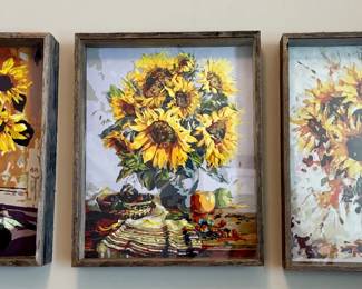 Sunflower Trio Paintings in Rustic Wood Frames. $225 lot