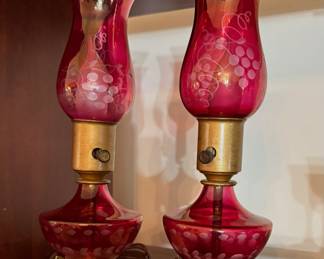 Vintage CRANBERRY ETCHED GLASS with base and marble base