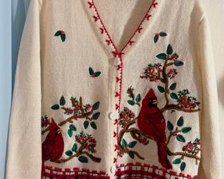 White Stag Red Cardinal Beaded Embroidered Sweater
