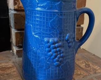 Large Cornflower Blue UHL Pottery Pitcher.
Raised Grape and Trellis Design from 1900-1930’s