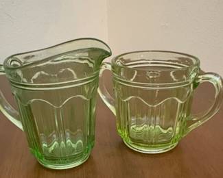 Anchor Hocking Colonial Knife & Fork Green Uranium Lg. Creamer & Sugar Set
