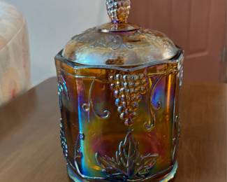 vintage Indiana Glass Marigold Carnival Glass Canister with the Harvest Grape pattern.