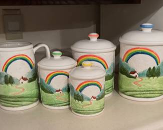 Vintage Otagiri Spring Rainbow Dot Ceramic Canister Set and Pitcher