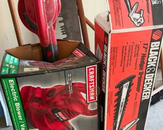 Black & Decker 17" Hedge Trimmer, model TR1700. And CRAFTSMAN
Corded Electric 3-in-1 Leaf Blower, Vacuum, and Mulcher.