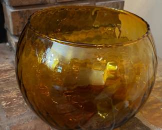 Vintage Amber Empoli Italian Hand Blown Diamond Optic Glass Bowl