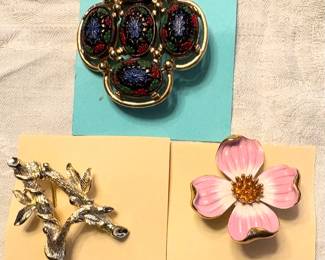 Vintage Trifari Dogwood Brooch and Vintage Sarah Coventry Masonic Brooch and classic Alphabet Brooch- letter A
