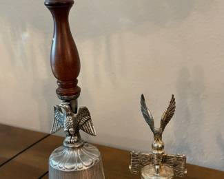 Vintage Metal Pass and Stow Eagle Bell & 1970s Pewter Metal Freedom Eagle Bell with Wooden Handle