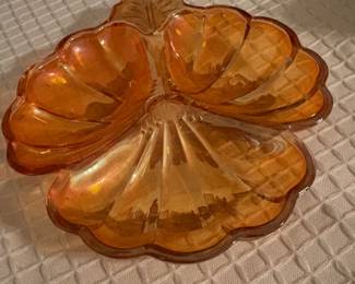 Vintage Iridescent Marigold Carnival Glass Three Leaf Clover Shape Dish