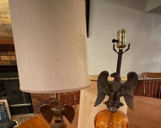 Vintage Bronze Metal Eagle Amber Glass Lamp