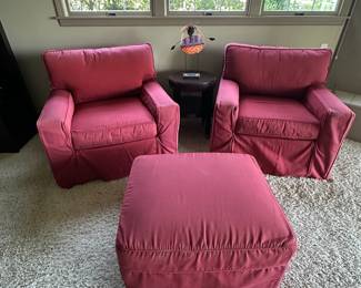 Slip covered chairs an ottoman