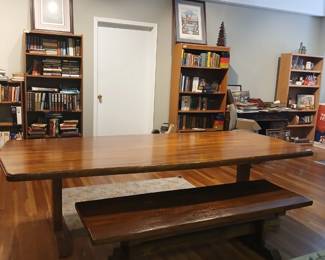 LIBRARY TABLE AND BENCH GREAT FOR USAGE AS A FARM TABLE.