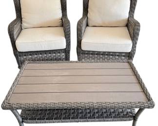 Two Grey Faux Wicker Chairs With Table