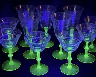Vintage Uranium Glass Wine Goblets & Flutes