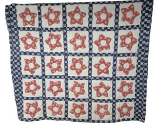 Vintage Handmade Floral Red White & Blue Quilt
