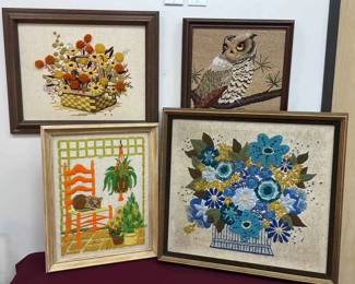 Vtg Crewel Embroidery Needlepoint Framed Art