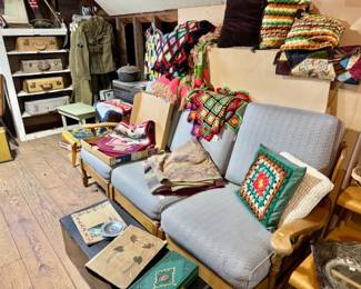 Heywood Wakefield sectional and end tables, vintage trunks, scrapbooks