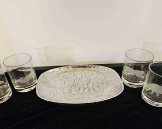 Vintage George Jensen Endangered Species Whisky Glasses Pewter Elephant Tray